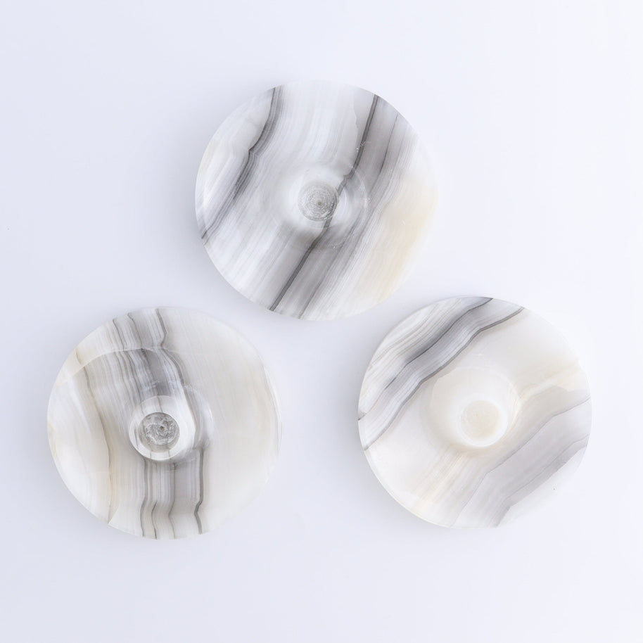 One Palo Santo/Incense/Candle Holder Mexican Onyx/Calcite White & Grey