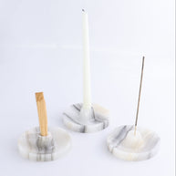 One Palo Santo/Incense/Candle Holder Mexican Onyx/Calcite White & Grey