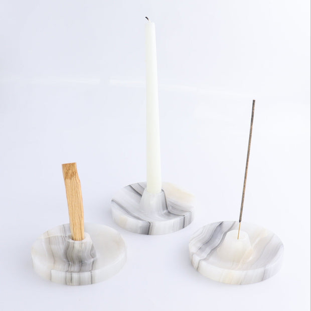 One Palo Santo/Incense/Candle Holder Mexican Onyx/Calcite White & Grey