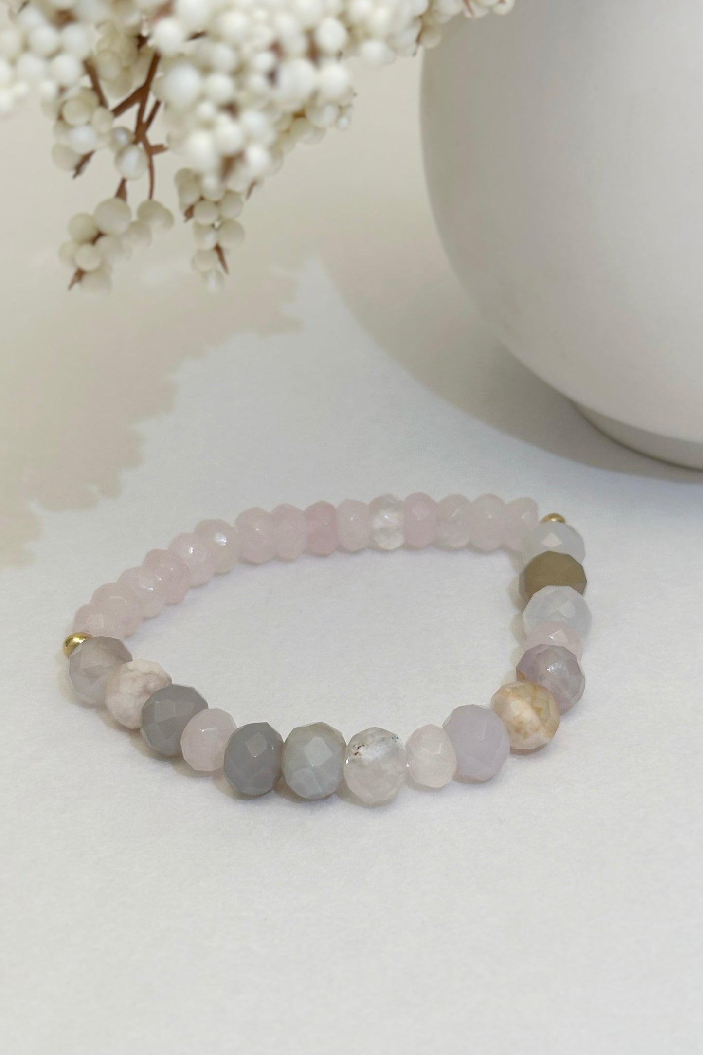 Rose Quartz and Flower Agate Bracelet with 14k Gold Filled Accents