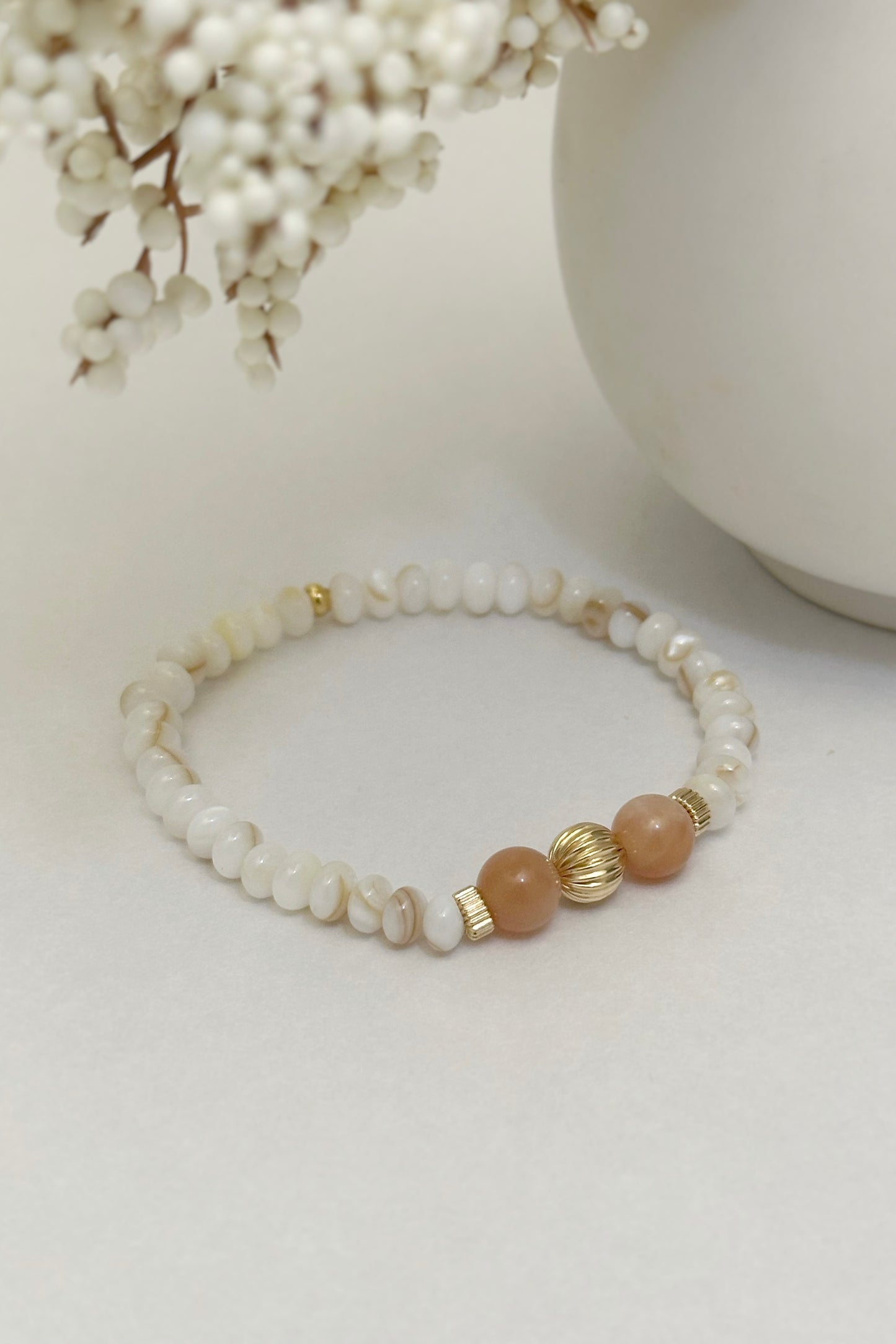 Peach Moonstone and River Shell Bracelet with 14k Gold Filled Accents